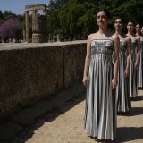 Performers, who will take part in the flame lighting ceremony for the Paris Olympics, join a rehearsal at Ancient Olympia site, Greece. (April 14, 2024)