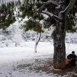 Goulielmos, 24, plays guitar during a snowfall at a park in Vrillisia, a suburb of Athens. (February 6, 2023)